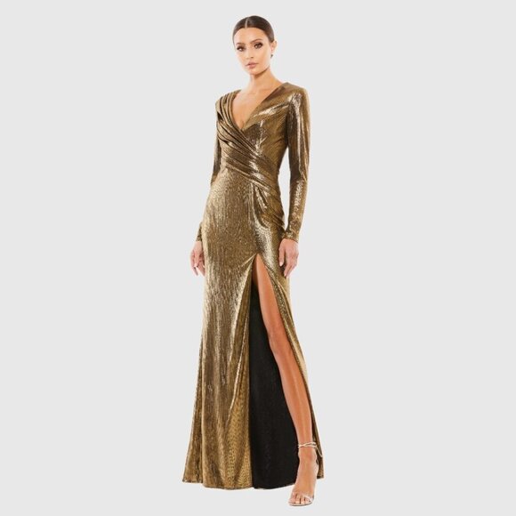NWT Mac Duggal Metallic Long Sleeve Asymmetrical Ruched Gown Gold 10 #8479 - Picture 1 of 10